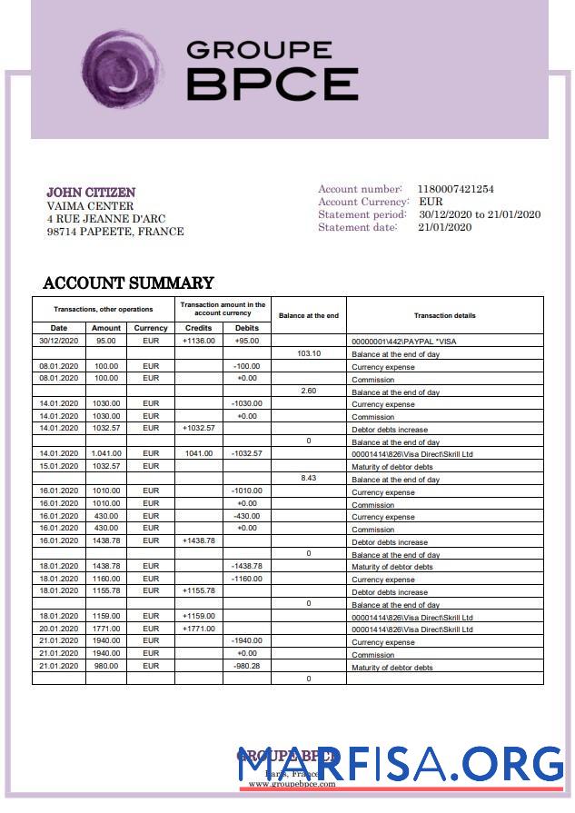 Realistic France Groupe BPCE bank statement word download for verification
